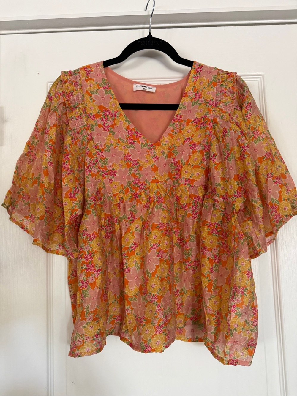 mittoshop Pink and Yellow Floral V-Neck Flutter Sleeve Blouse